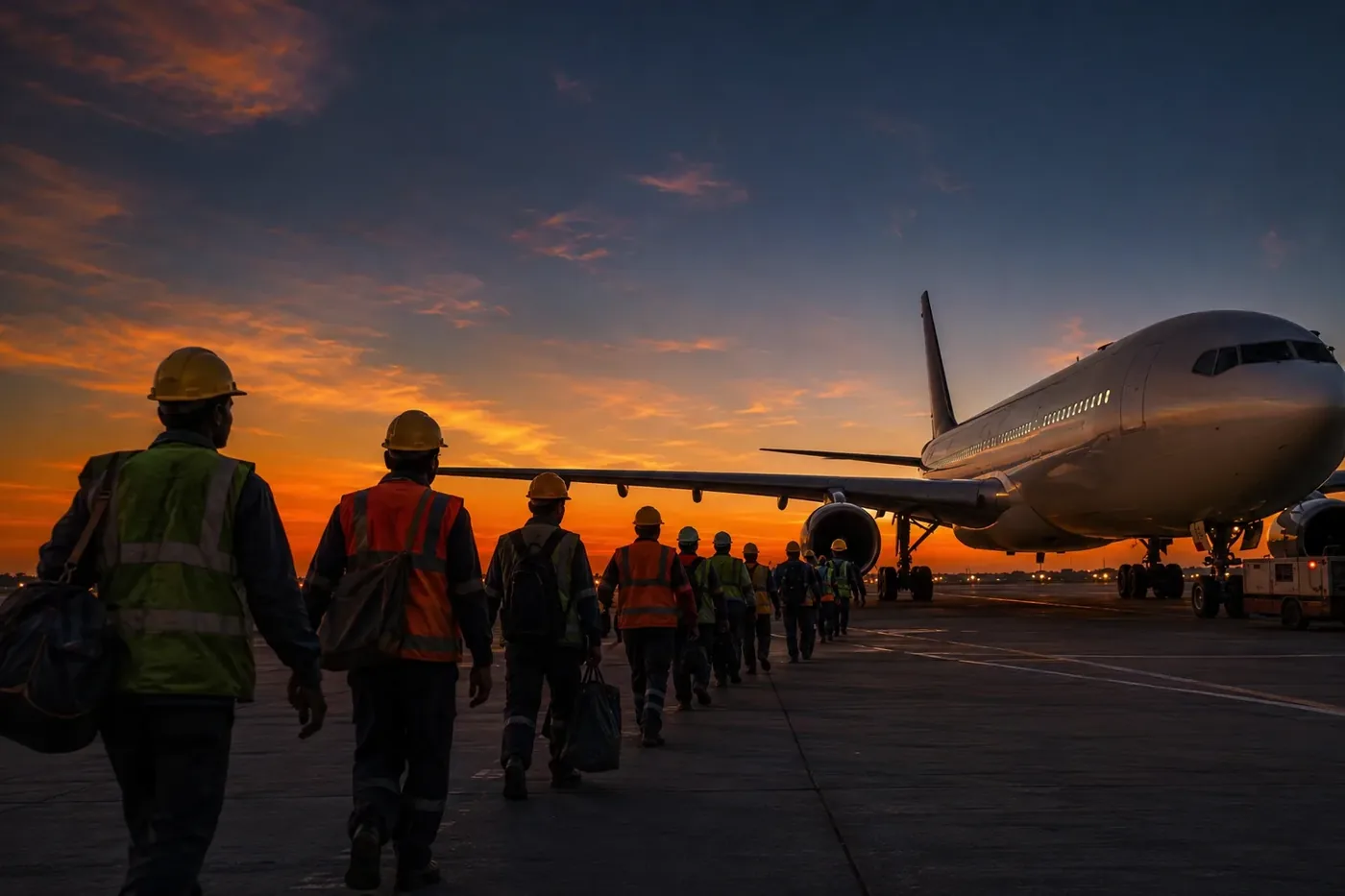 Indian skilled workers in hard hats boarding a plane at dusk — overseas recruitment agencies india deploying to Israel, GCC and Europe