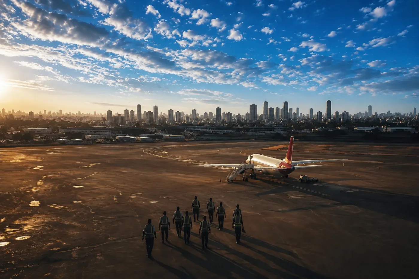 Aerial view of workers walking across Mumbai airport tarmac toward a plane with city skyline — manpower agencies in india overseas deployment