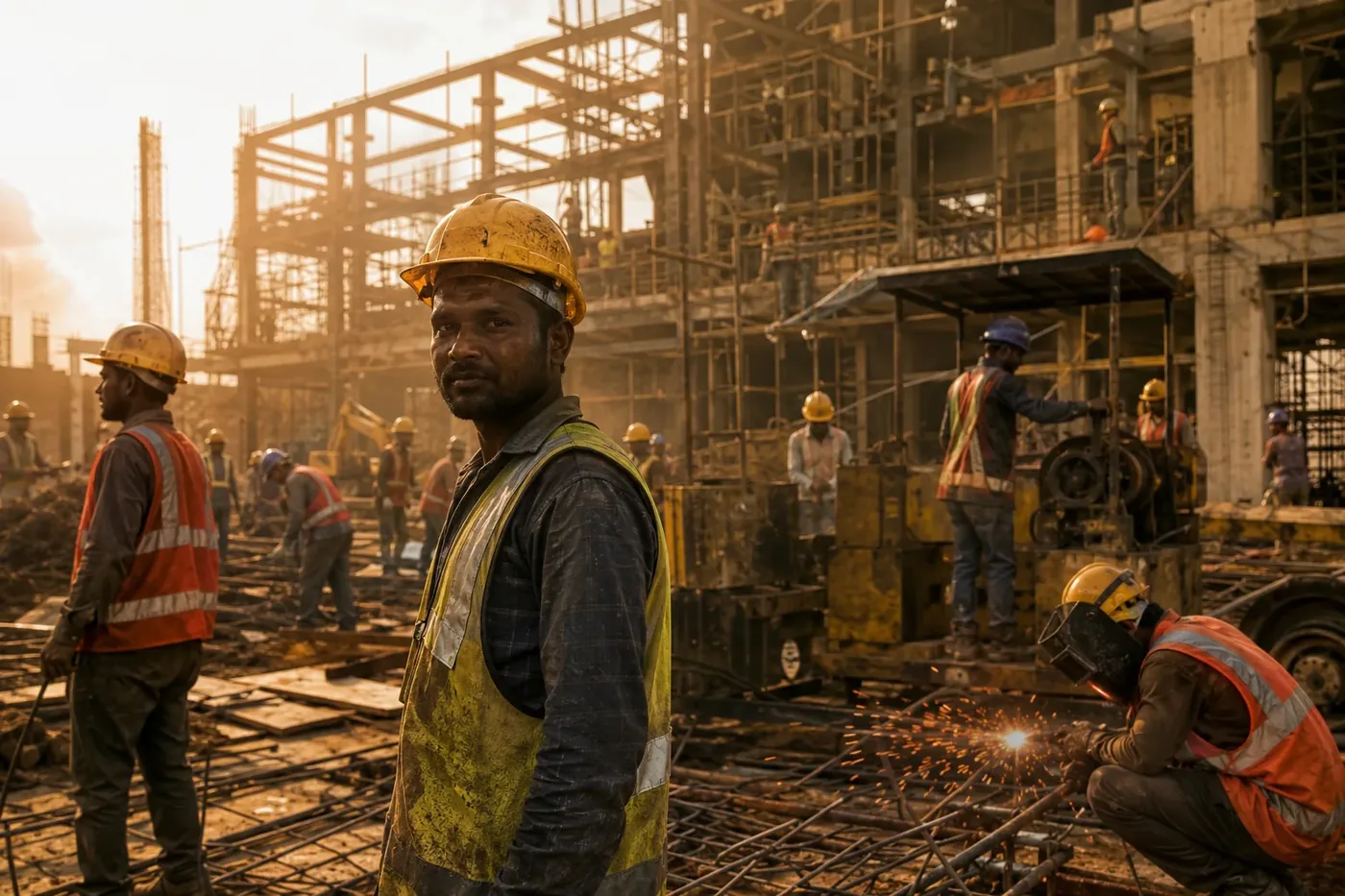 Indian construction workers on an international building site at golden hour — overseas manpower agencies india supplying skilled trades to Israel and GCC