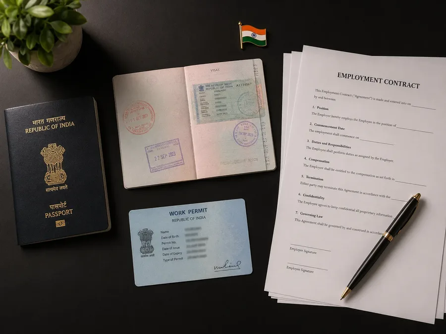 Indian passport, work permit and employment contract &mdash; Manpower First manages all documentation for overseas deployment