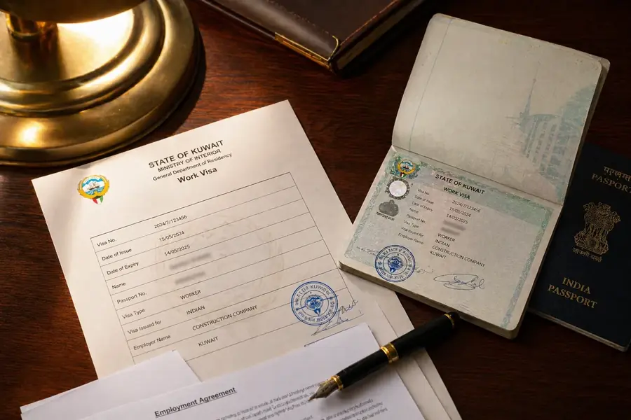 Kuwait work visa and Indian passport — Manpower First recruitment agency India handles all documentation for Kuwait deployment