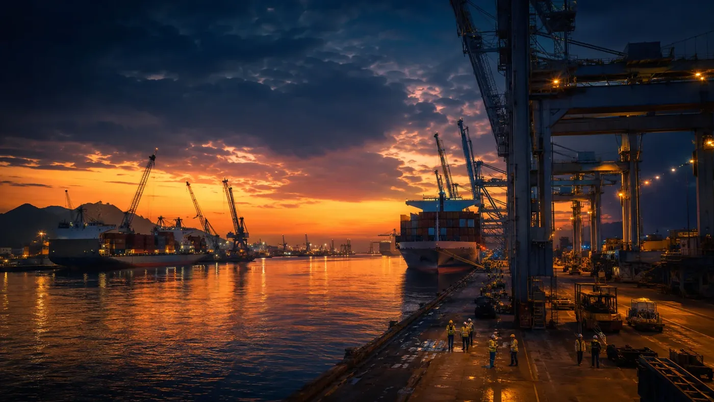 Oman port operations at dusk — India-Oman manpower corridor
