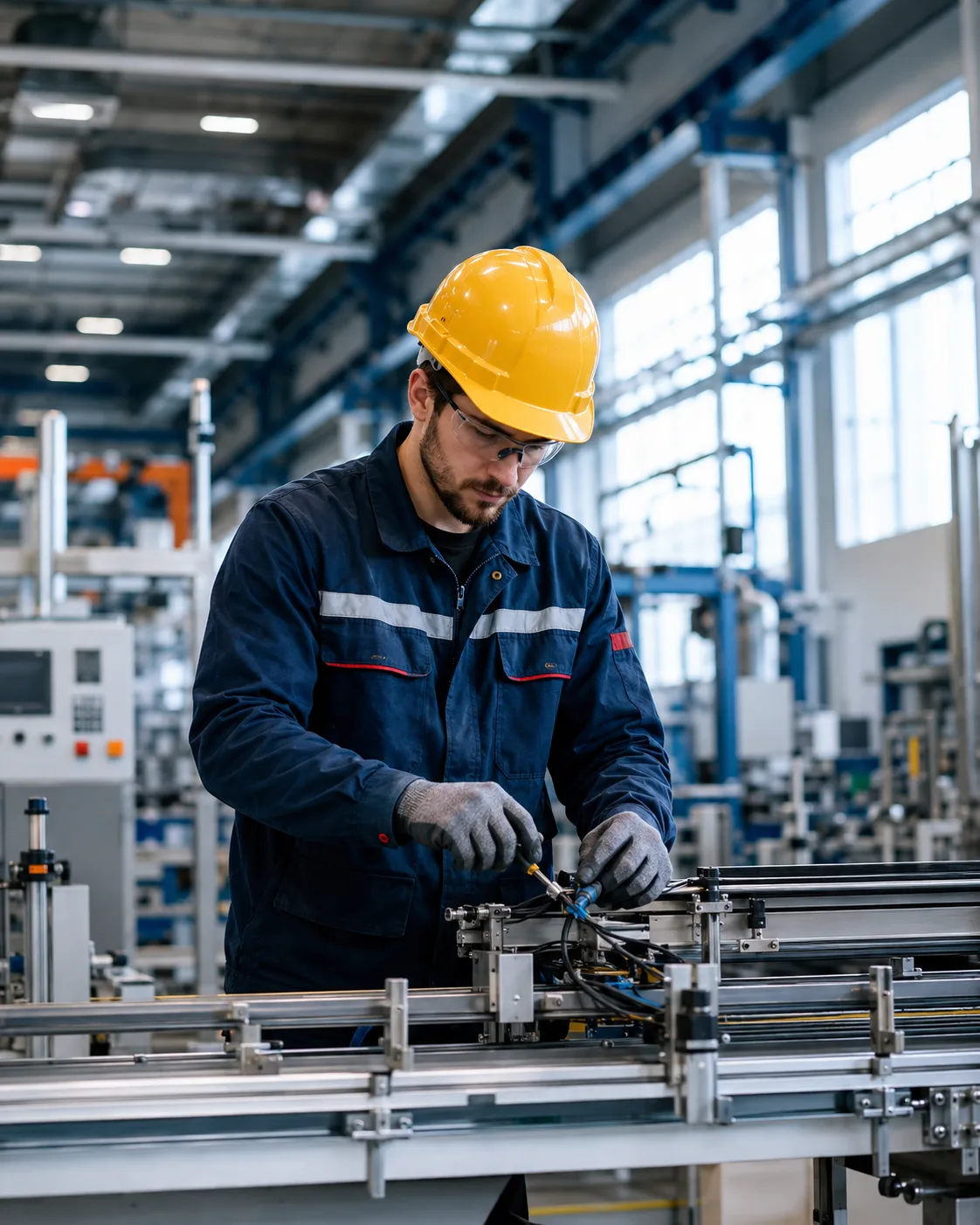 Skilled tradesman at work on a manufacturing production line in Poland