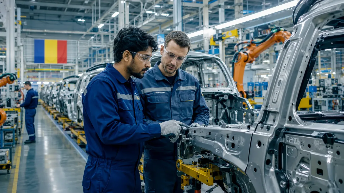 Indian technician working alongside Romanian colleague on automotive assembly line in Romania