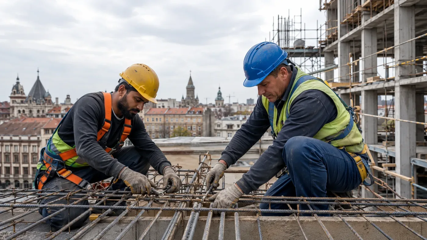 Indian and Romanian construction workers tying rebar together on a mid-rise building site in Timisoara