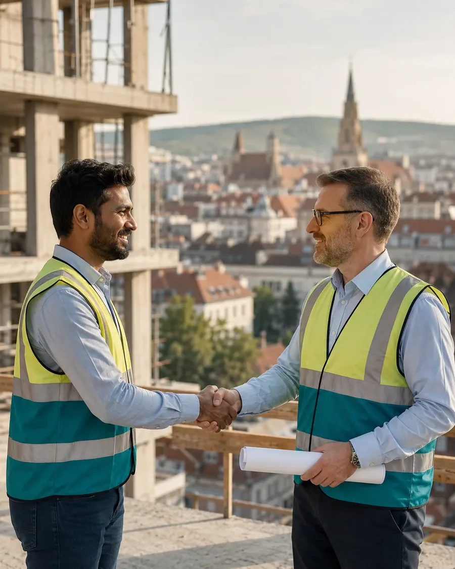 Indian site engineer and Romanian project manager shaking hands at a construction site in Cluj-Napoca, Manpower First recruitment partnership