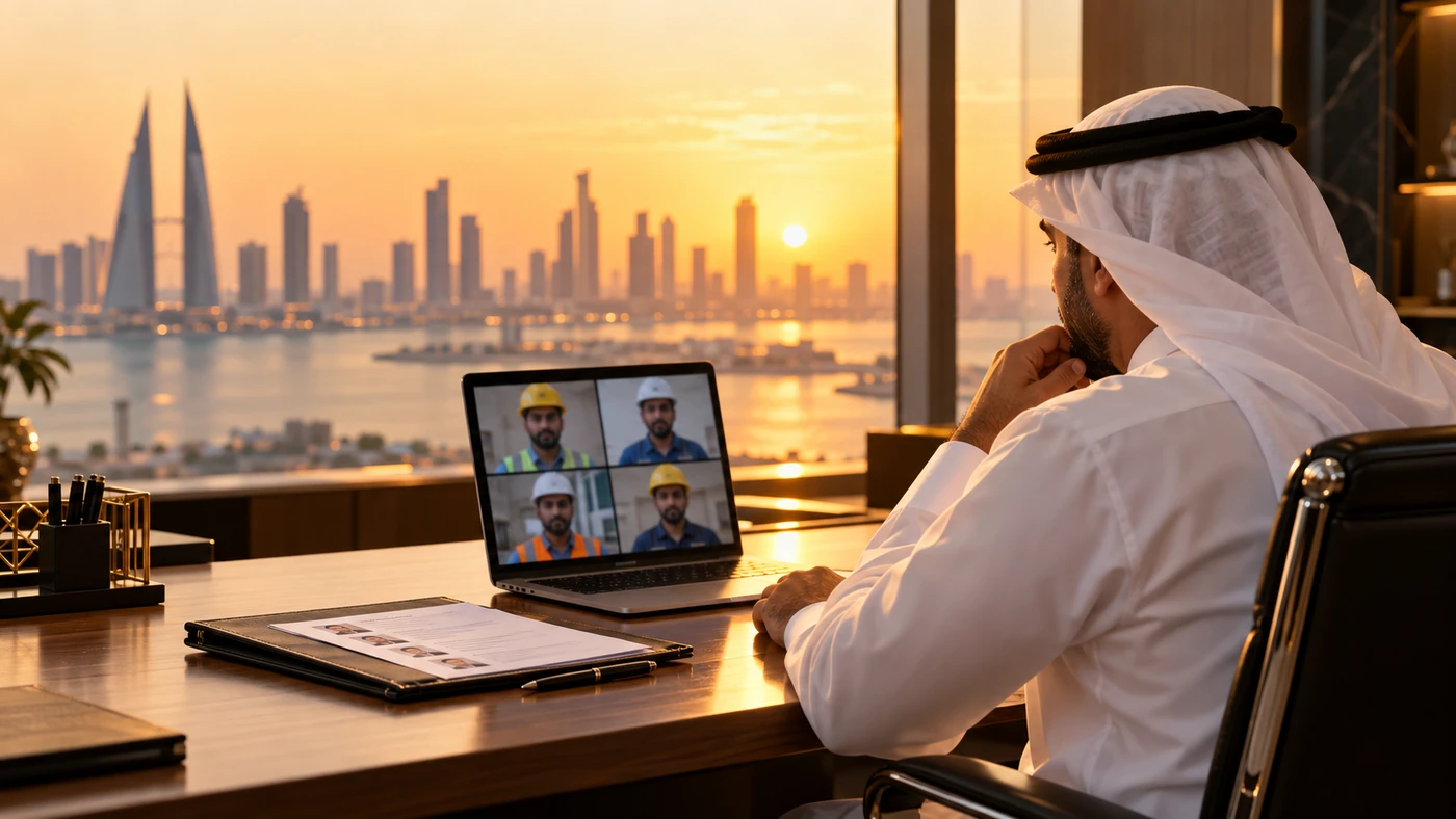 Bahraini employer in a Manama office interviewing Indian skilled workers by video call before hiring them
