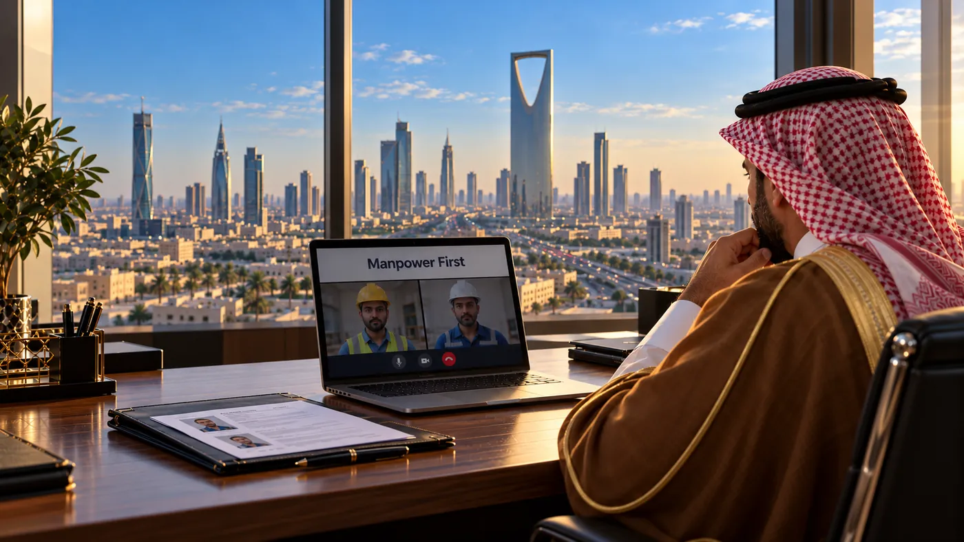 Overseas Manpower Recruitment Agency in Saudi Arabia: a Saudi employer in Riyadh interviewing Indian workers by video call with Manpower First